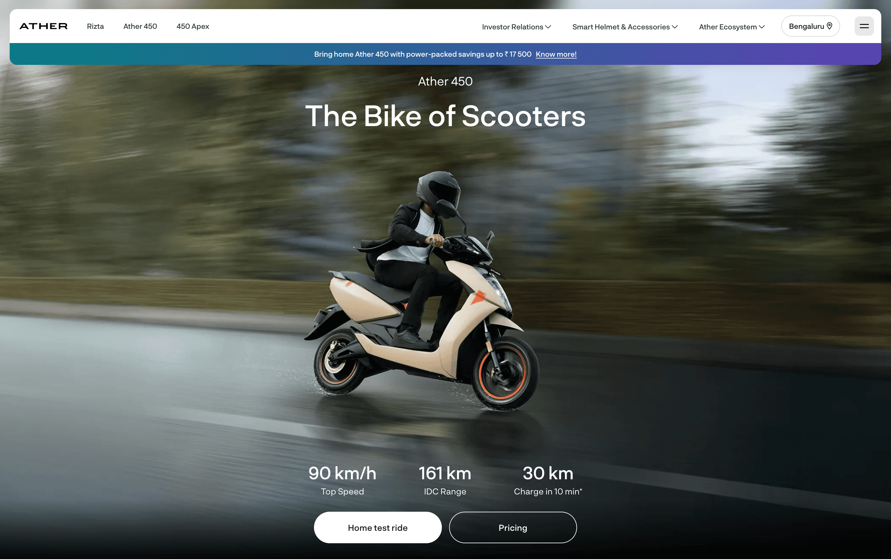 Ather 450 Series Page - High-fidelity presentation of spec details and features.