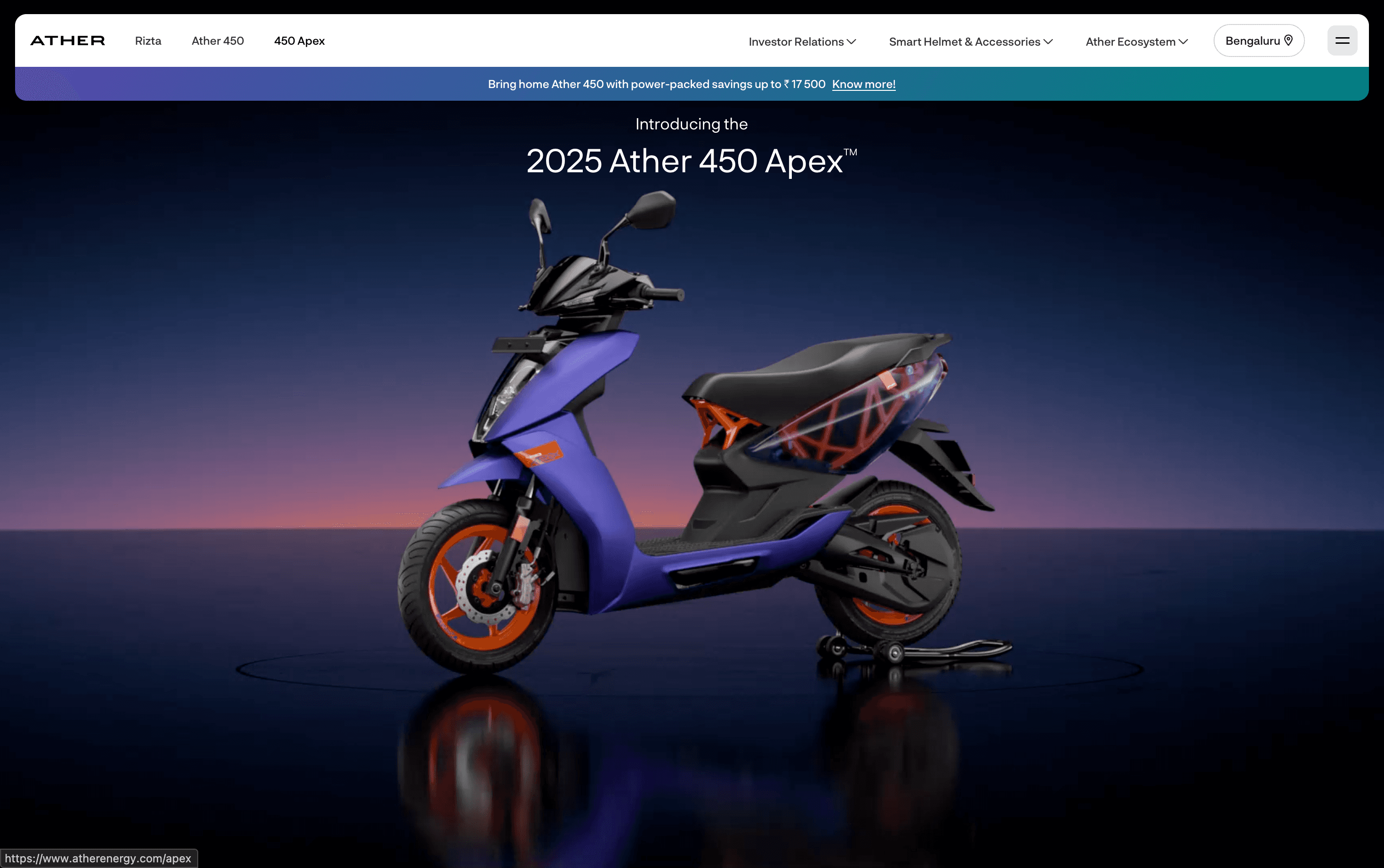 Ather 450 Apex Page - Flagship product page displaying high-performance Warp+ mode details.