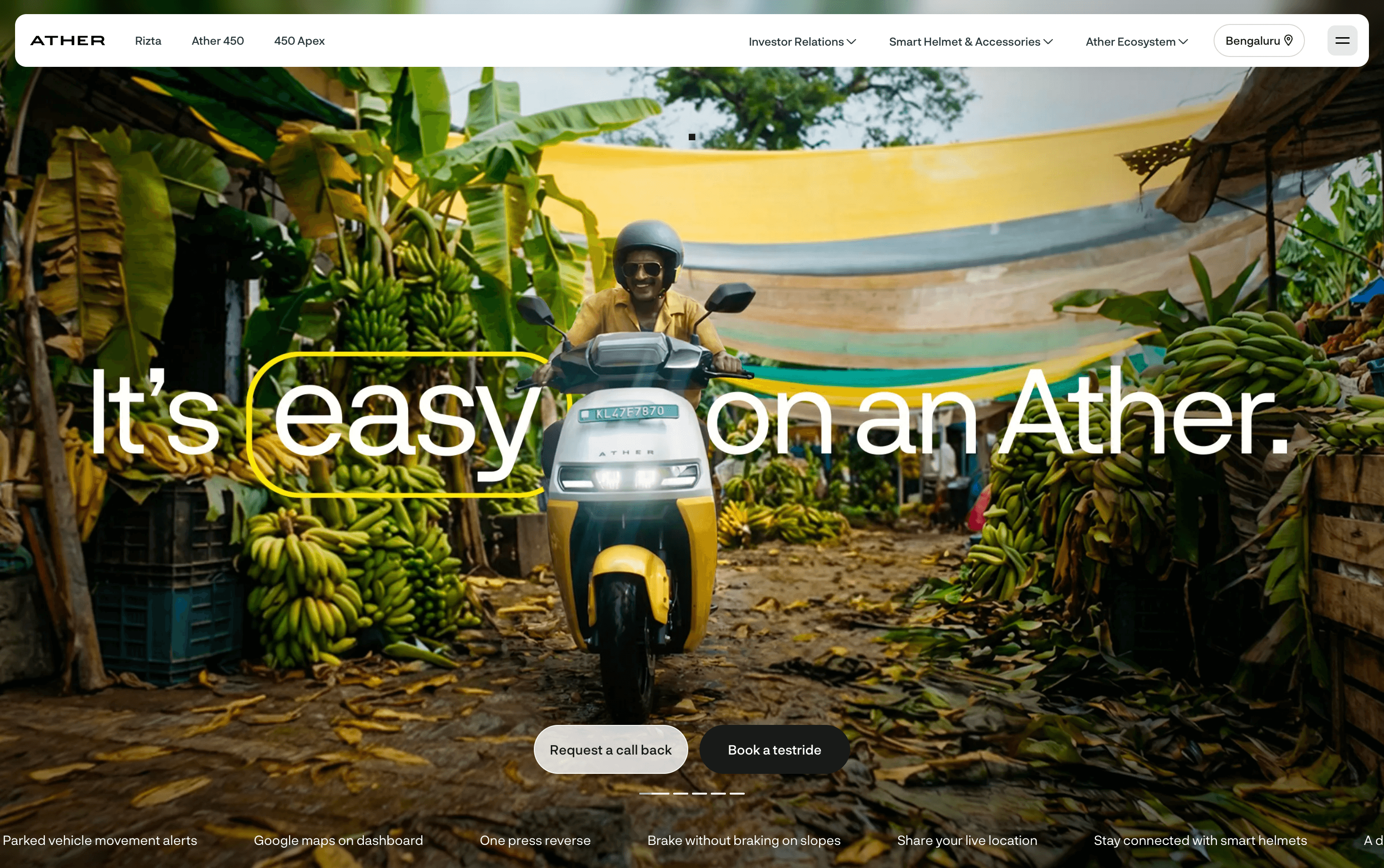 Ather Energy Homepage - Digital showroom experience for Indian smart EV scooters.