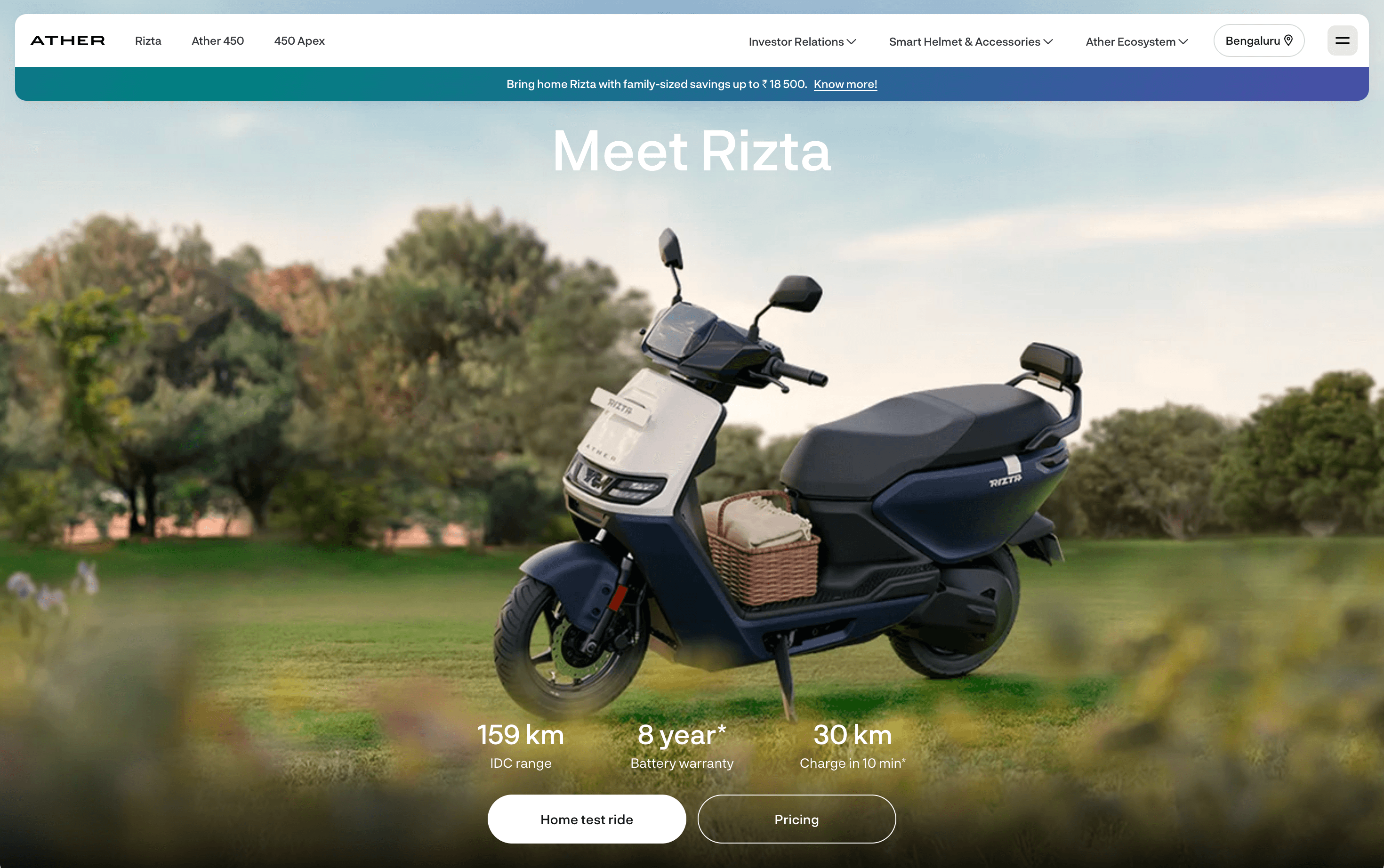 Ather Rizta Launch Page - Interactive landing page showcasing the family electric scooter.